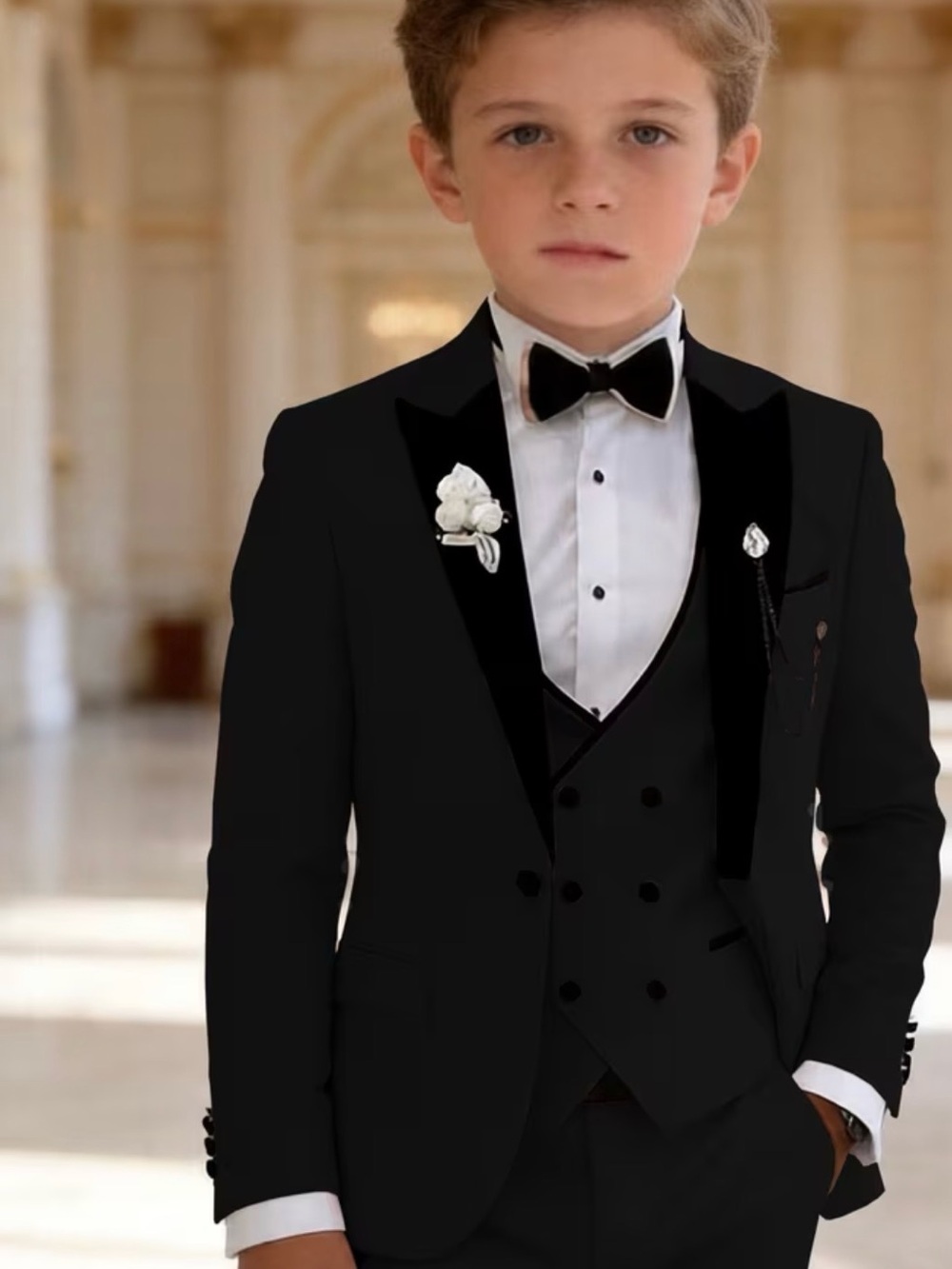 3 pcs Boys Black Tuxedo Suit- Pants, Waistcoat and Blazer.